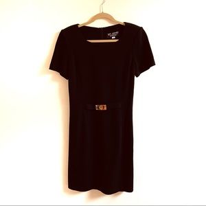Vintage St John Blk Knit Dress, Gold Belt, Size 8